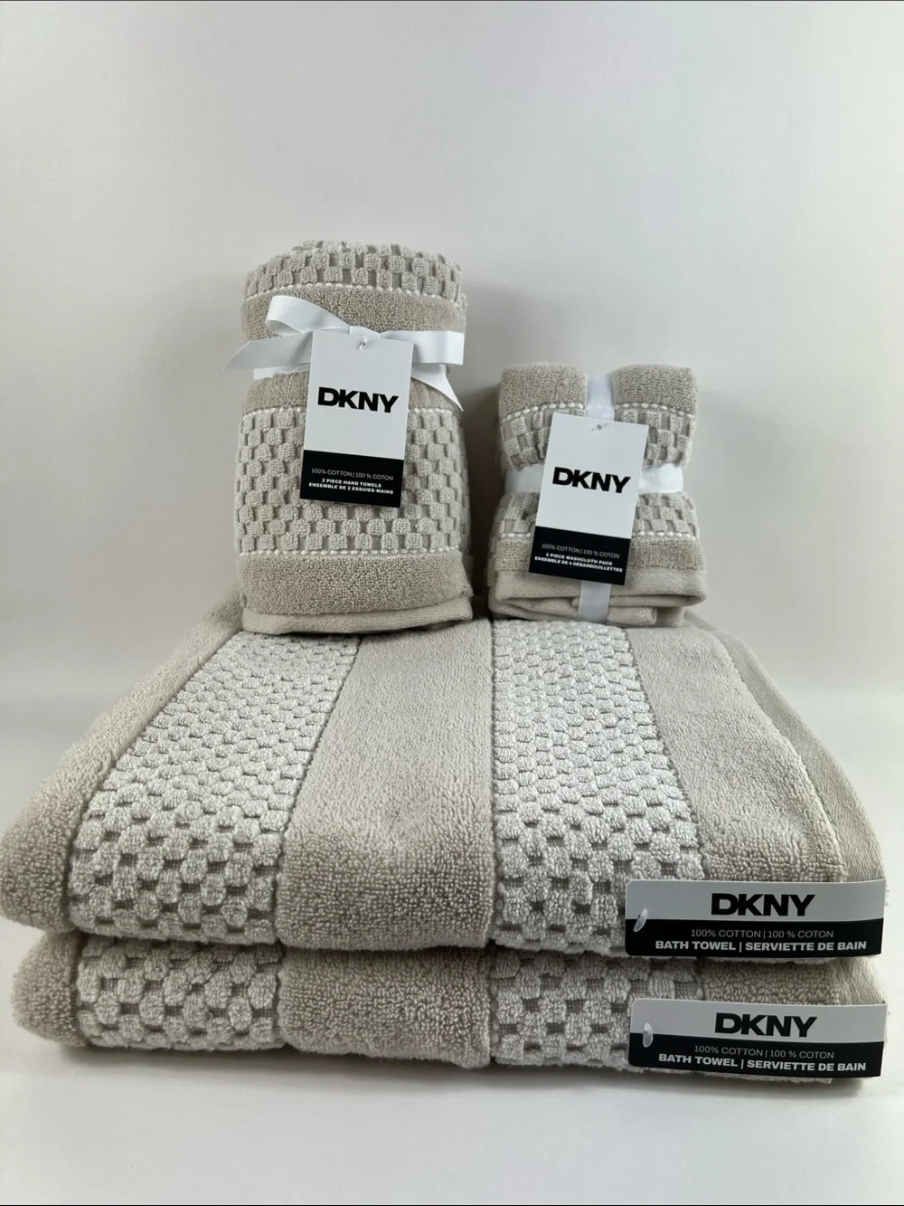DKNY Bath Towels Tan White Textured Soft Plush 100% Cotton 8 Pc Set NEW